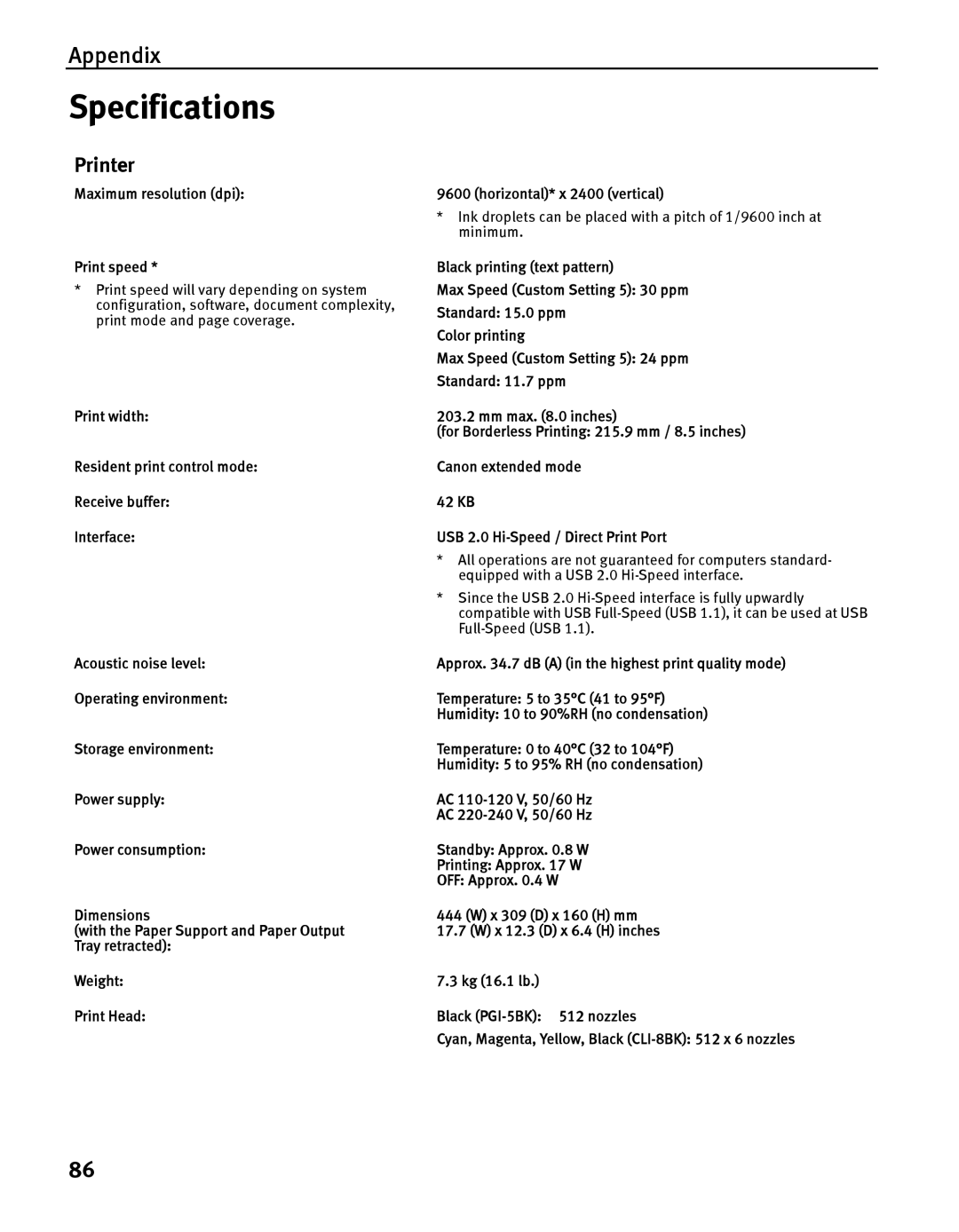 Canon IP5200 quick start Specifications, Printer, Maximum resolution dpi Print speed 