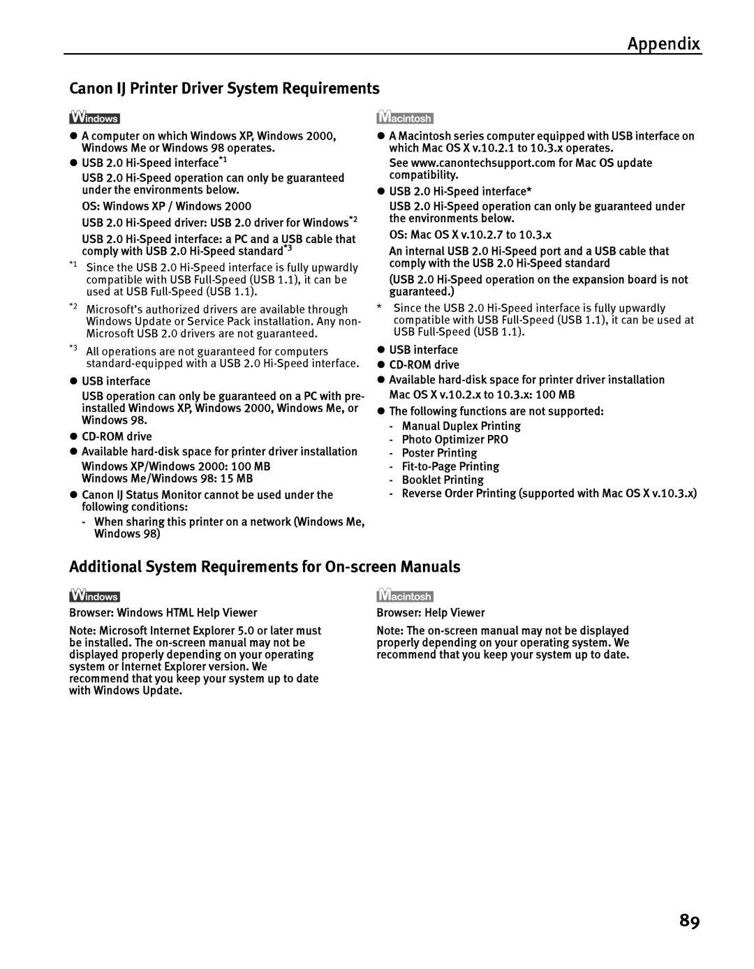 Canon IP5200 quick start Canon IJ Printer Driver System Requirements, Additional System Requirements for On-screen Manuals 