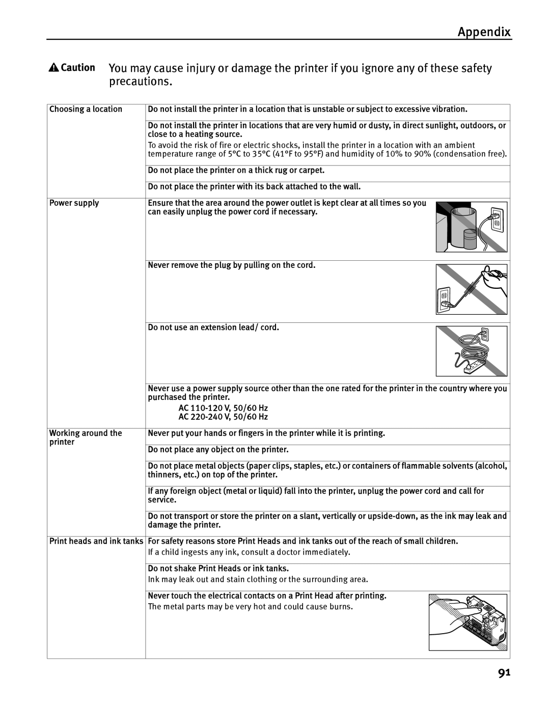 Canon IP5200 Close to a heating source, Do not place the printer on a thick rug or carpet, Purchased the printer, Service 