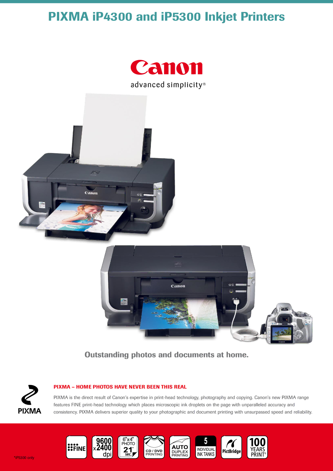 Canon IP4300, IP5300 manual Pixma iP4300 and iP5300 Inkjet Printers 