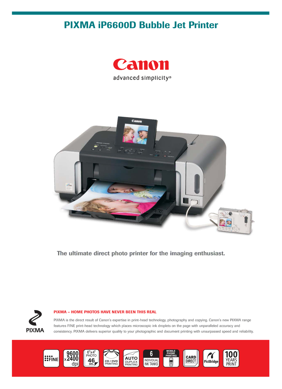 Canon IP6600D manual Pixma iP6600D Bubble Jet Printer 