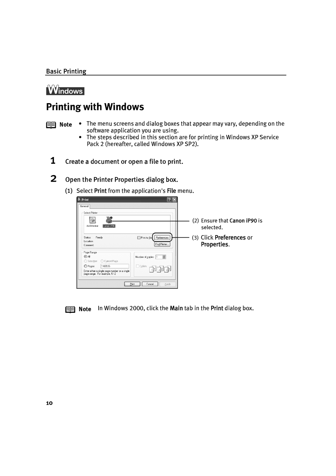 Canon IP90 quick start Printing with Windows, Click Preferences or Properties 