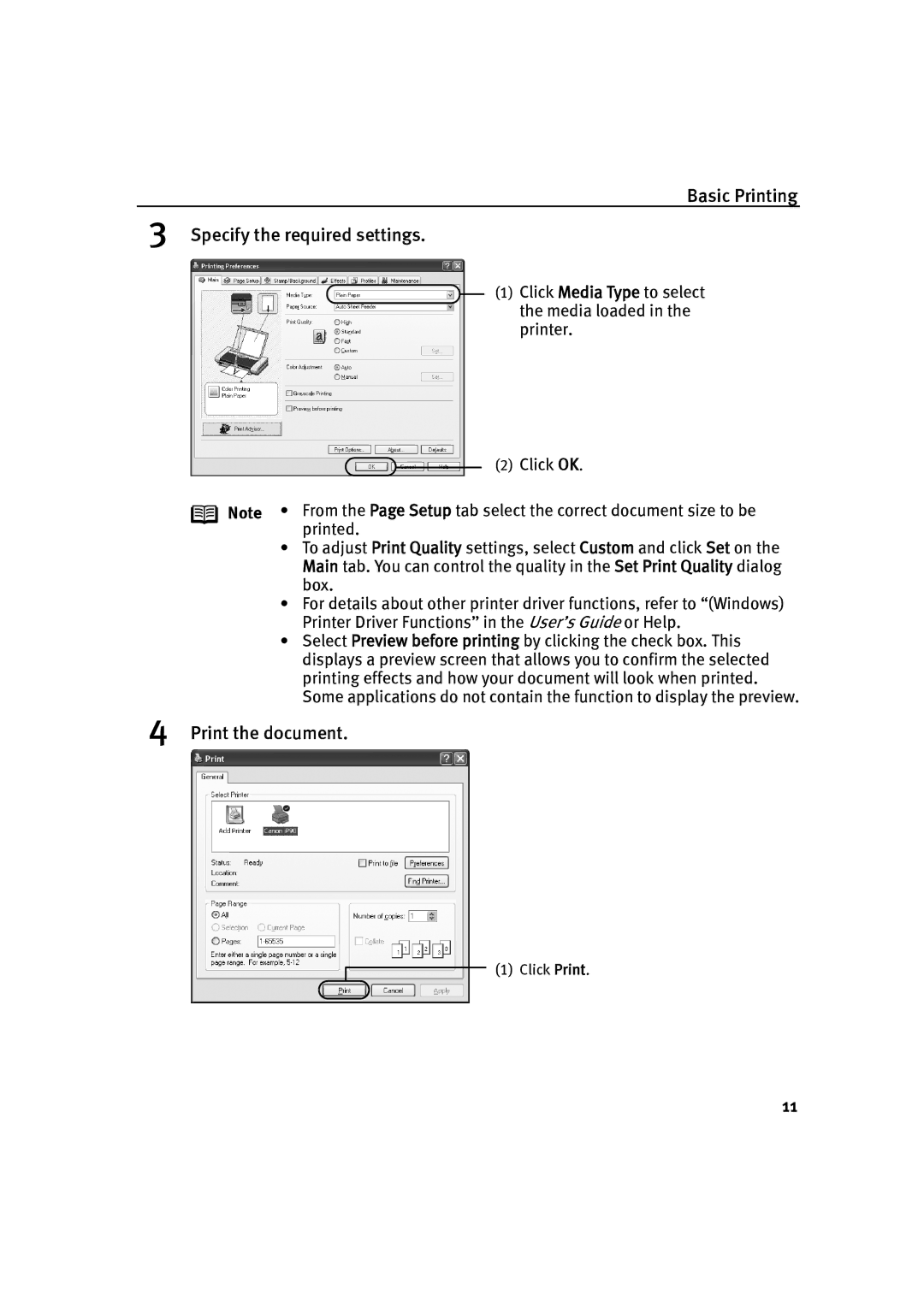 Canon IP90 quick start Basic Printing Specify the required settings, Print the document 