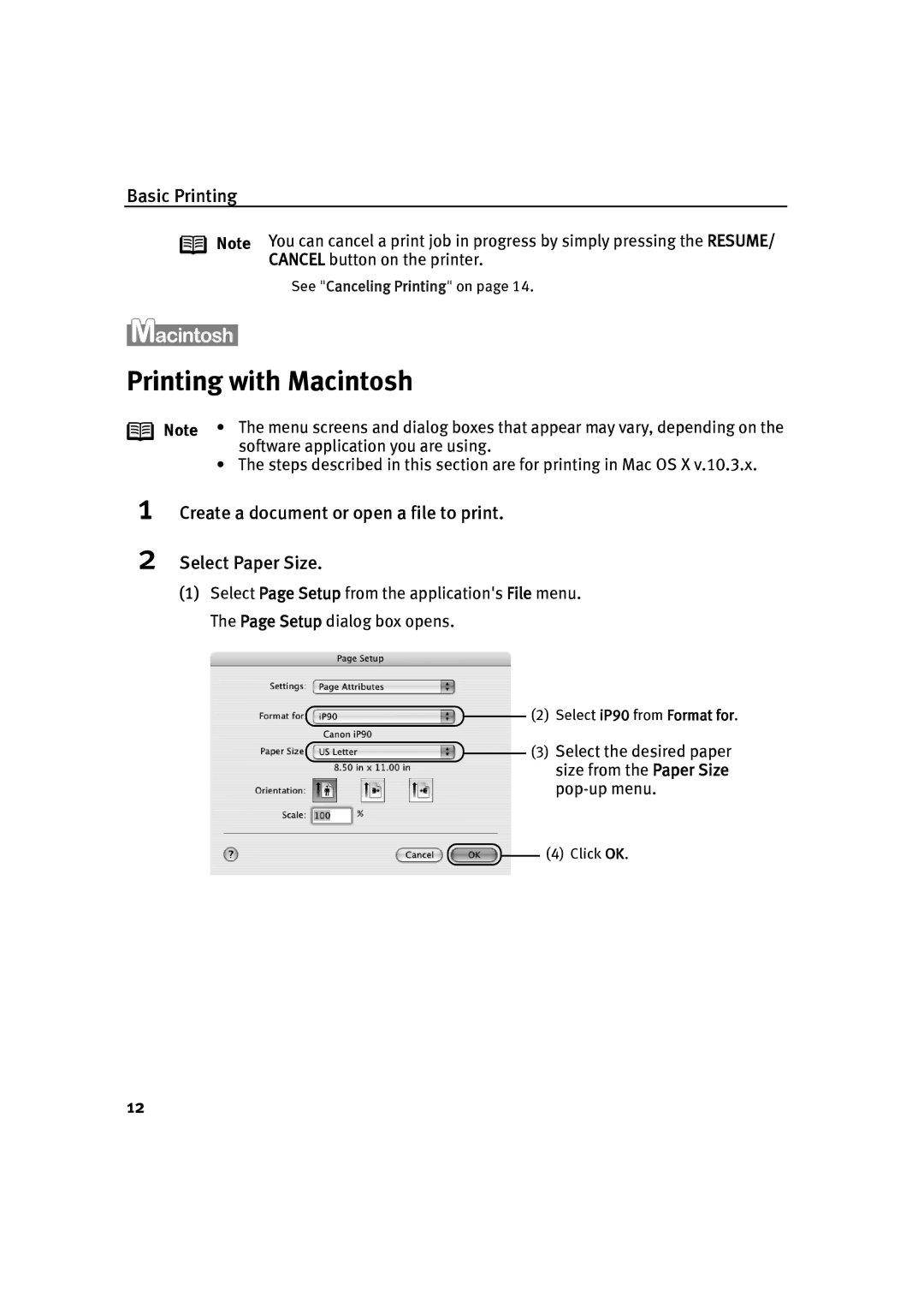 Canon IP90 quick start Printing with Macintosh, Create a document or open a file to print Select Paper Size 