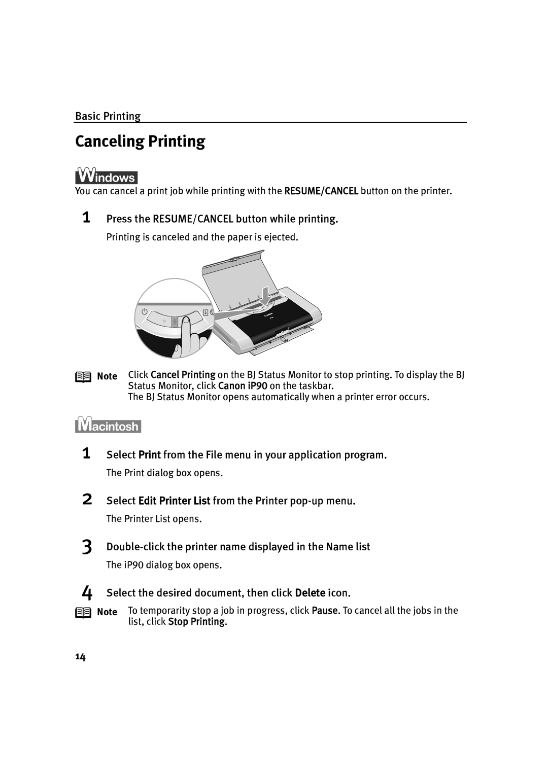 Canon IP90 quick start Canceling Printing 