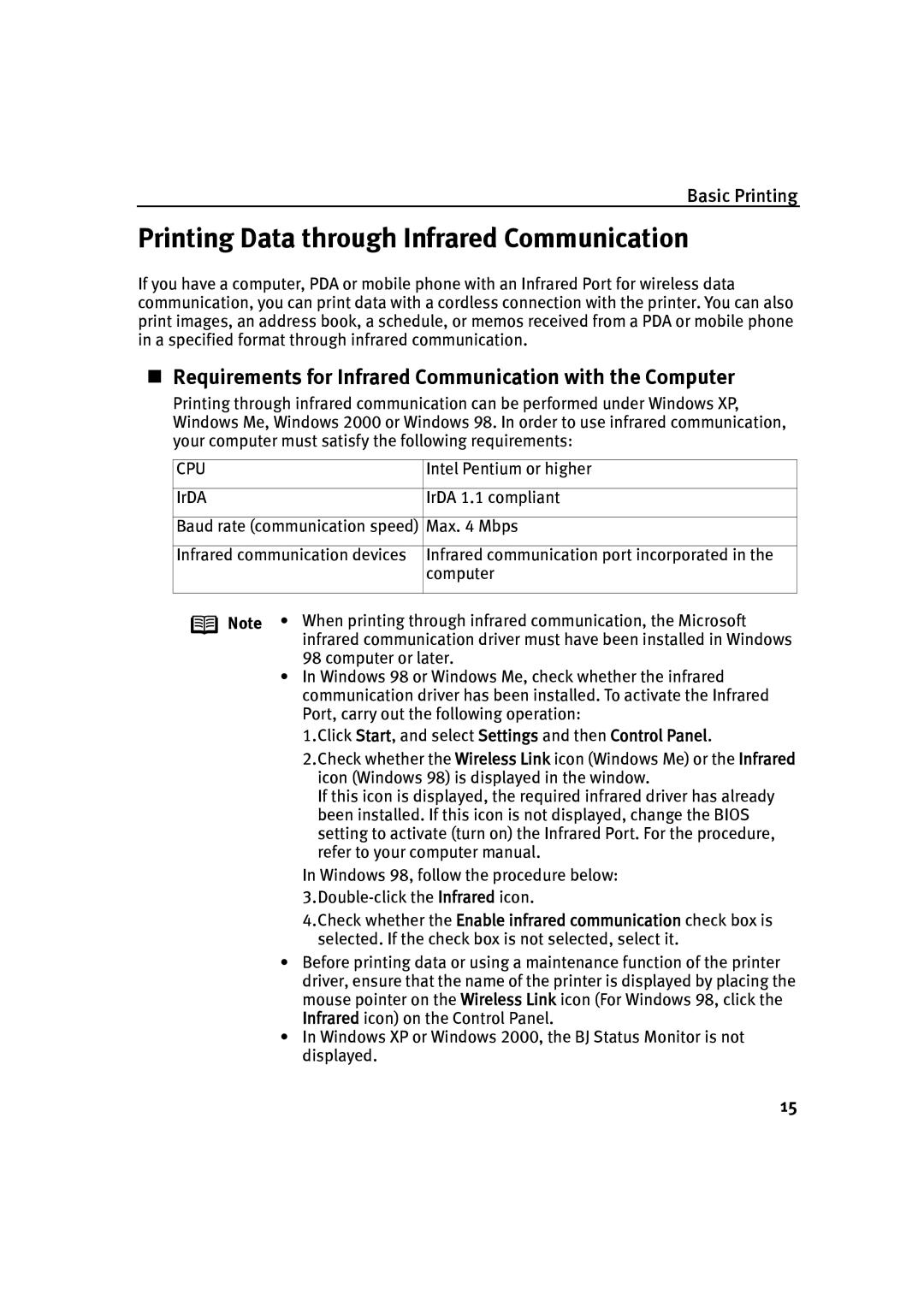 Canon IP90 Printing Data through Infrared Communication, „ Requirements for Infrared Communication with the Computer 