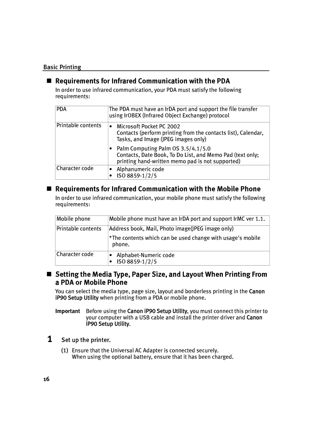 Canon IP90 quick start „ Requirements for Infrared Communication with the PDA, Set up the printer 