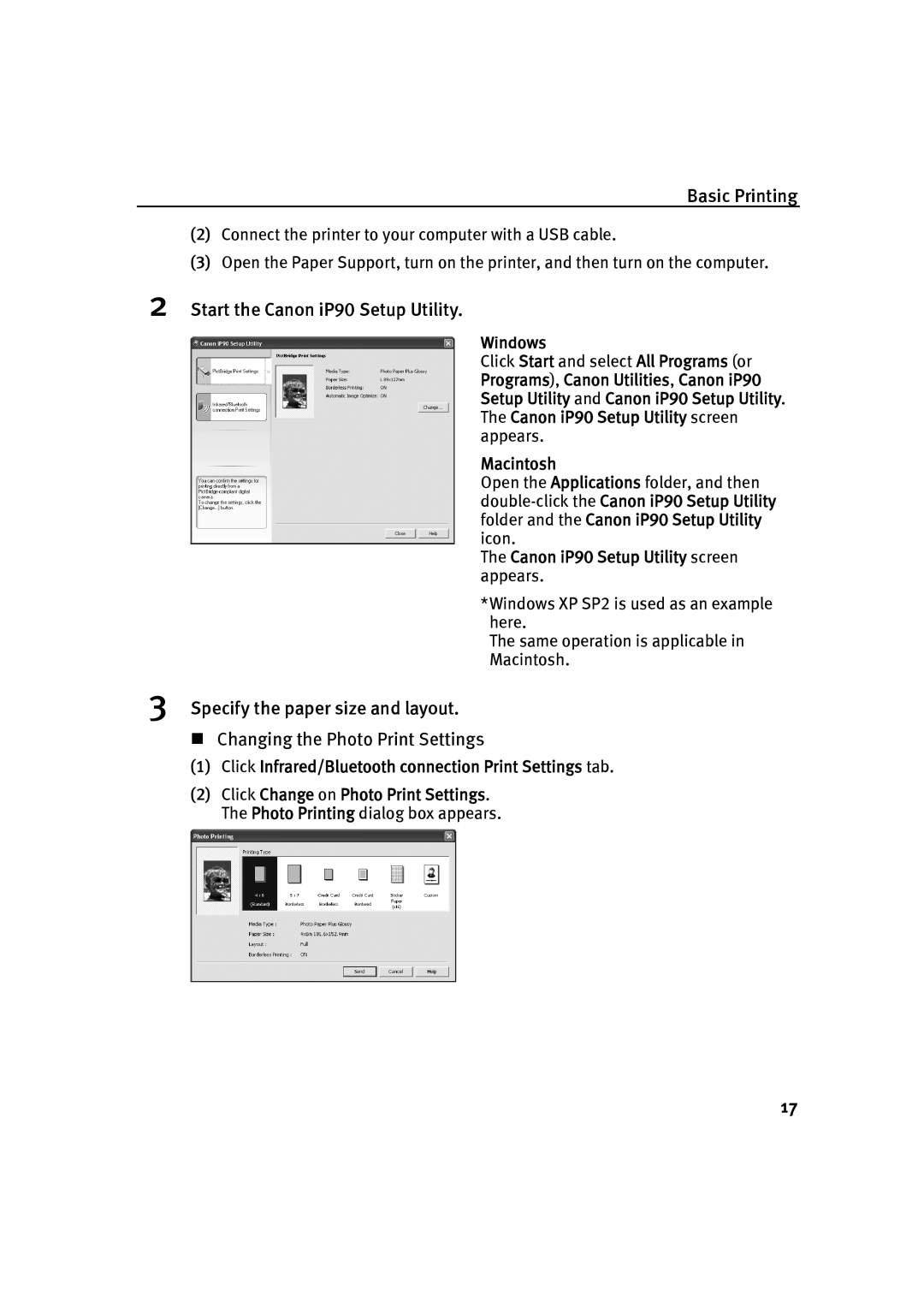 Canon IP90 Start the Canon iP90 Setup Utility, Windows, Macintosh, Click Infrared/Bluetooth connection Print Settings tab 