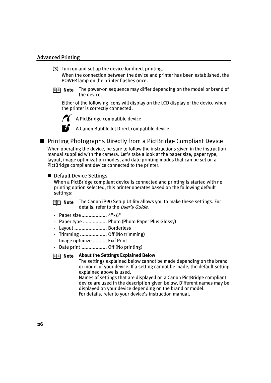 Canon IP90 quick start „ Default Device Settings, About the Settings Explained Below 