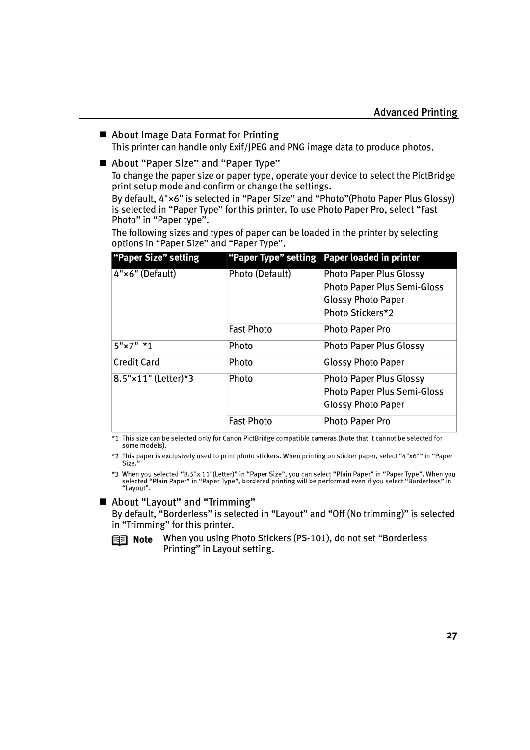 Canon IP90 quick start Advanced Printing „ About Image Data Format for Printing, „ About Paper Size and Paper Type 