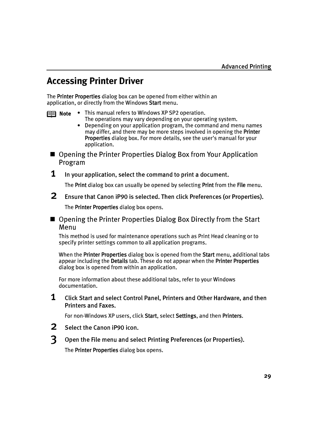 Canon IP90 quick start Accessing Printer Driver, Your application, select the command to print a document 