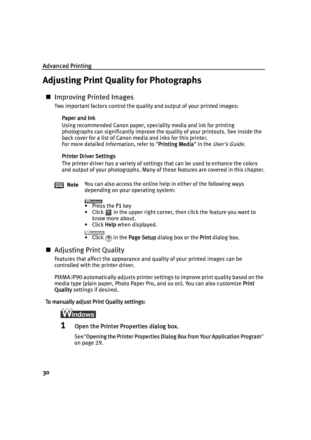 Canon IP90 quick start Adjusting Print Quality for Photographs, Paper and Ink, Printer Driver Settings 