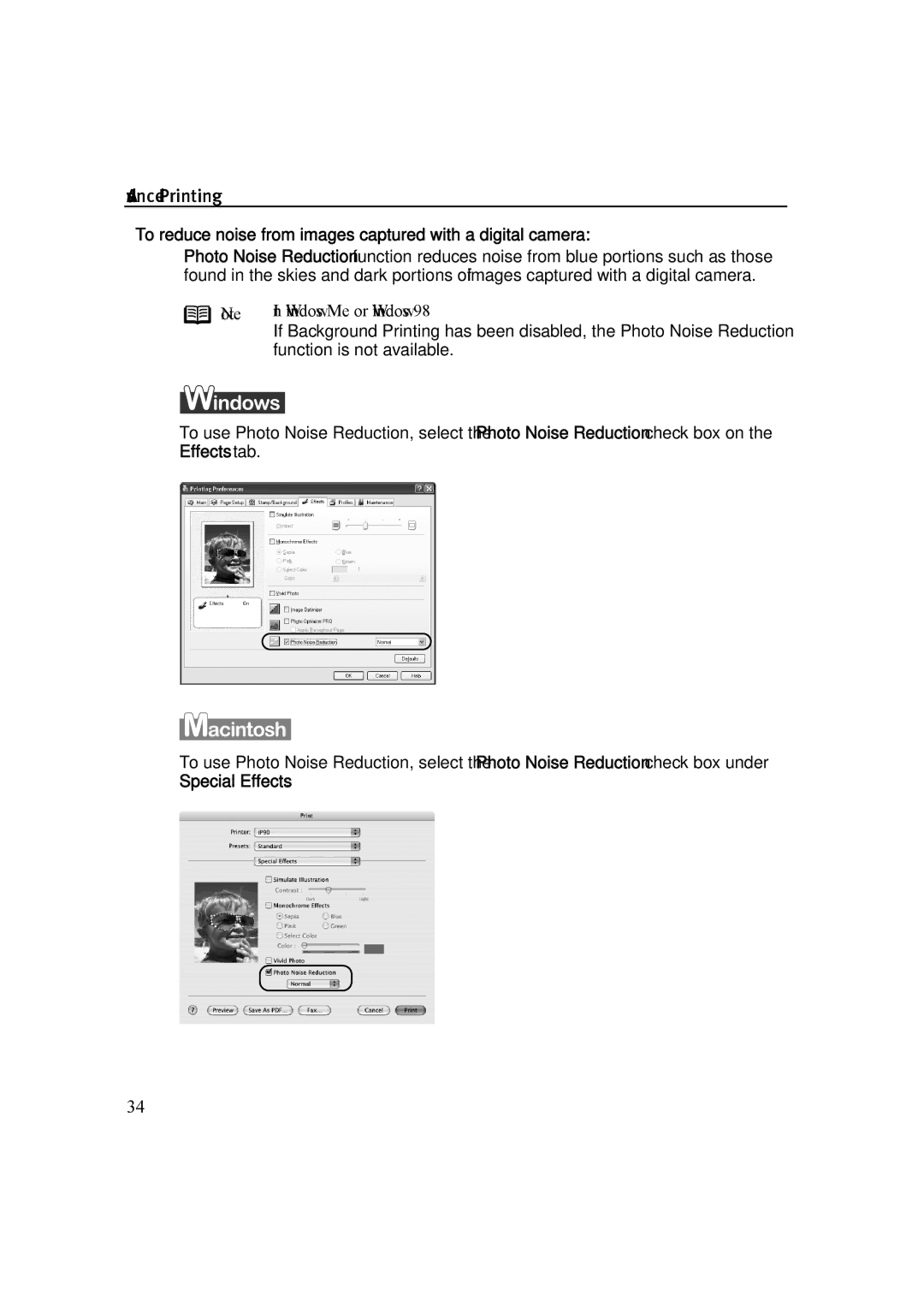 Canon IP90 quick start To reduce noise from images captured with a digital camera 