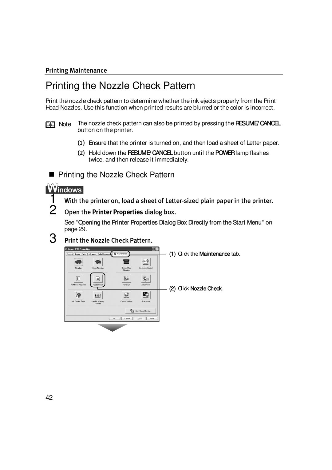 Canon IP90 quick start „ Printing the Nozzle Check Pattern, Print the Nozzle Check Pattern 