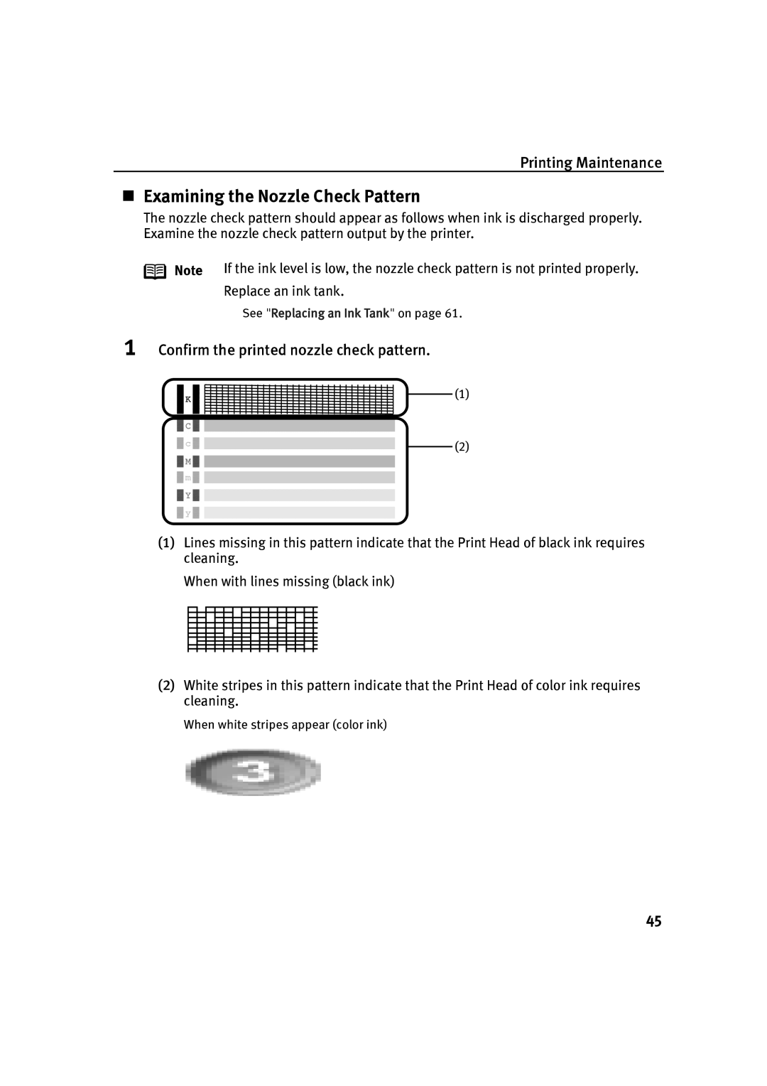 Canon IP90 quick start „ Examining the Nozzle Check Pattern, Confirm the printed nozzle check pattern 