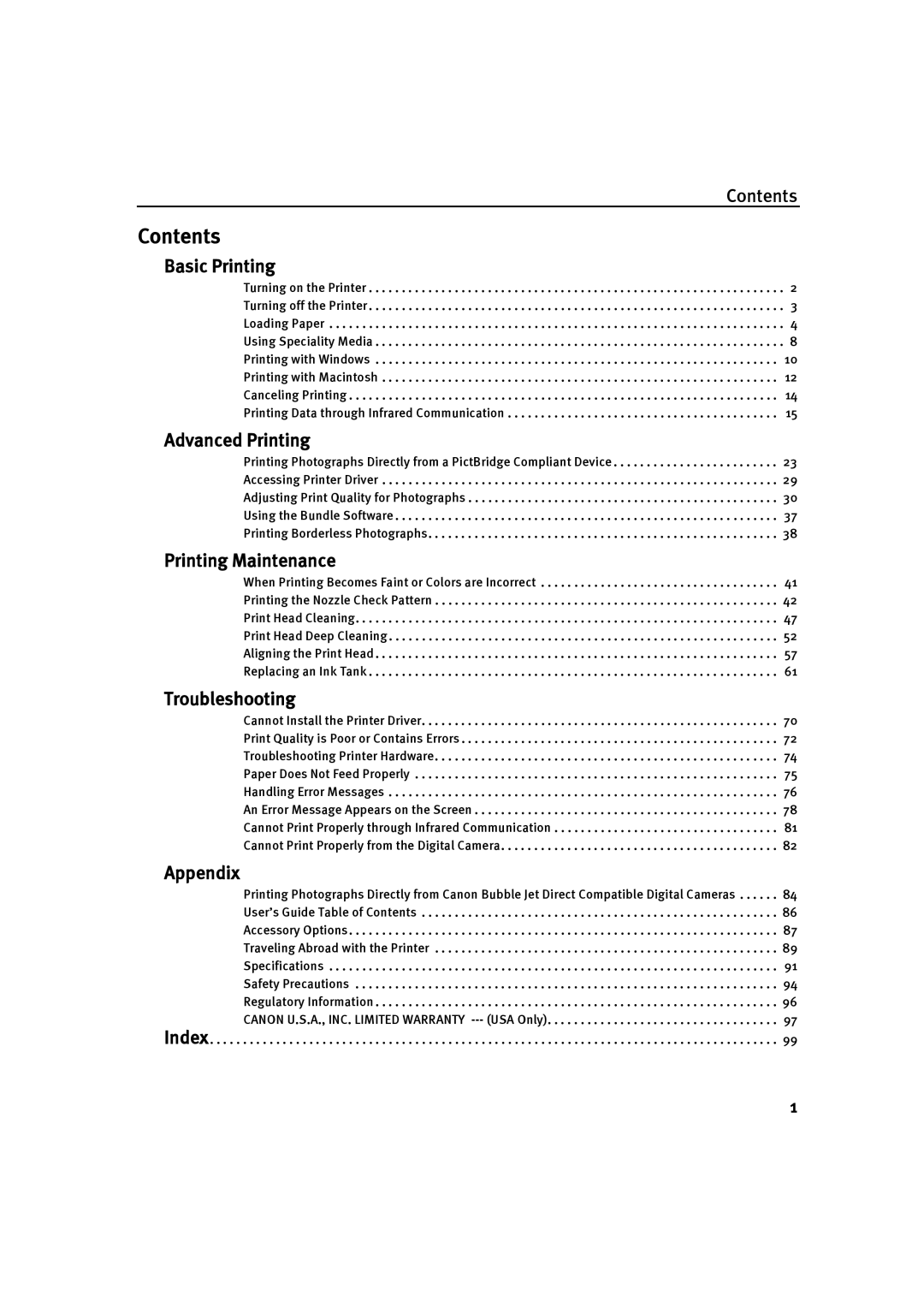 Canon IP90 quick start Contents 