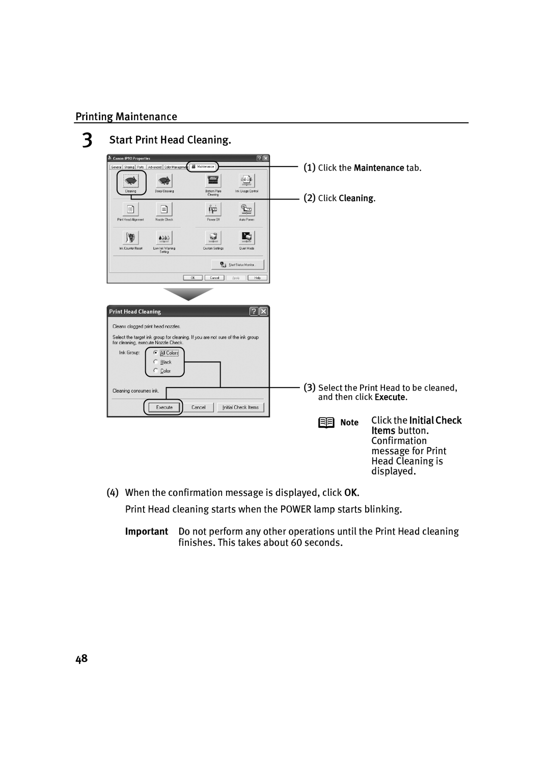 Canon IP90 quick start Printing Maintenance Start Print Head Cleaning 