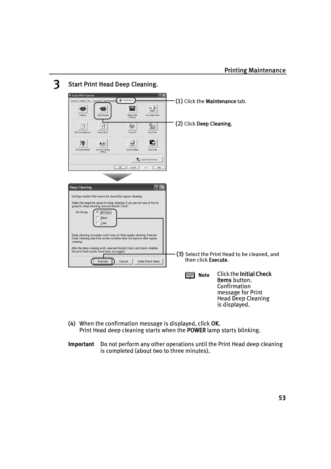 Canon IP90 quick start Printing Maintenance Start Print Head Deep Cleaning, Click Deep Cleaning 