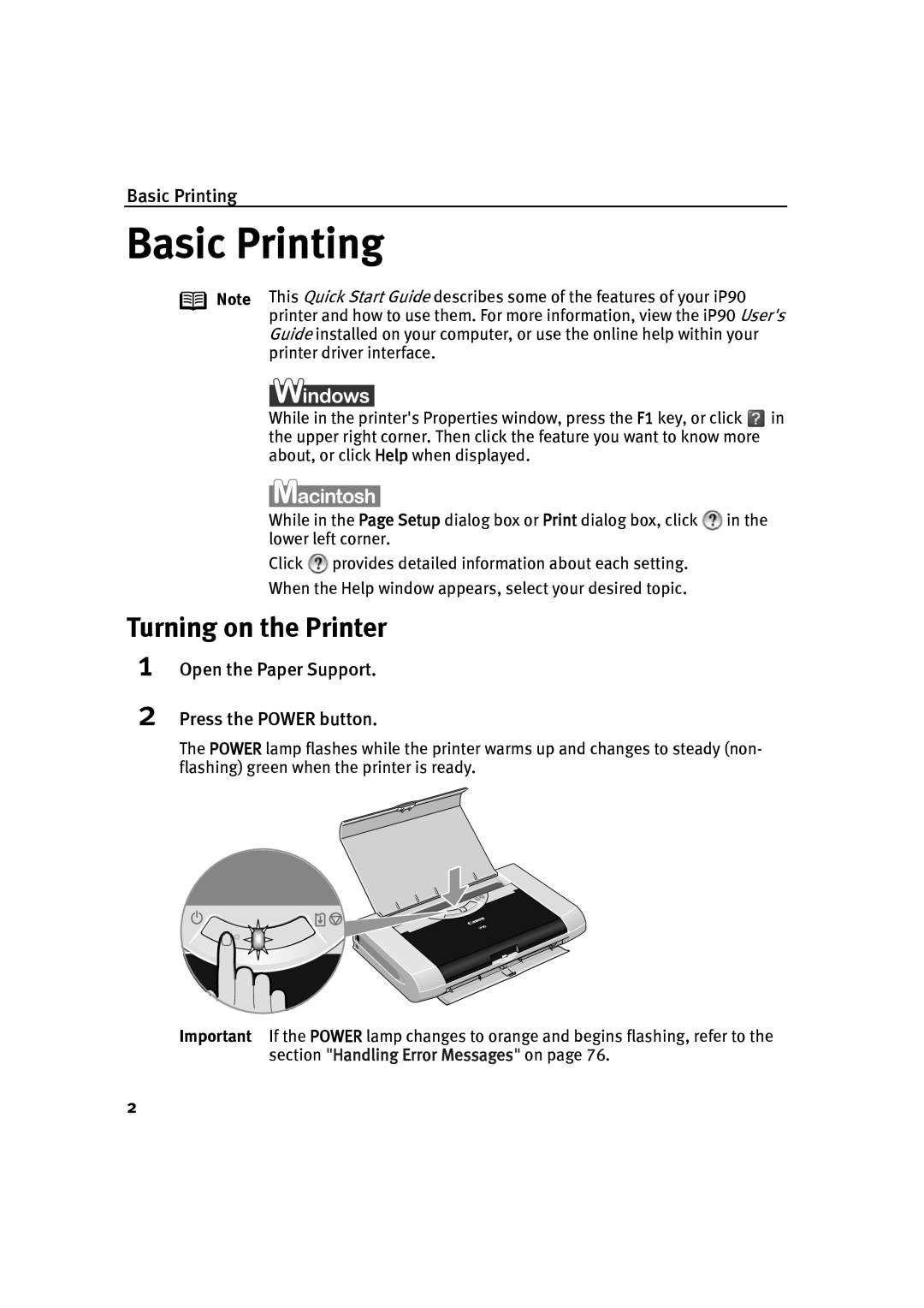 Canon IP90 quick start Turning on the Printer, Basic Printing, Open the Paper Support Press the Power button 