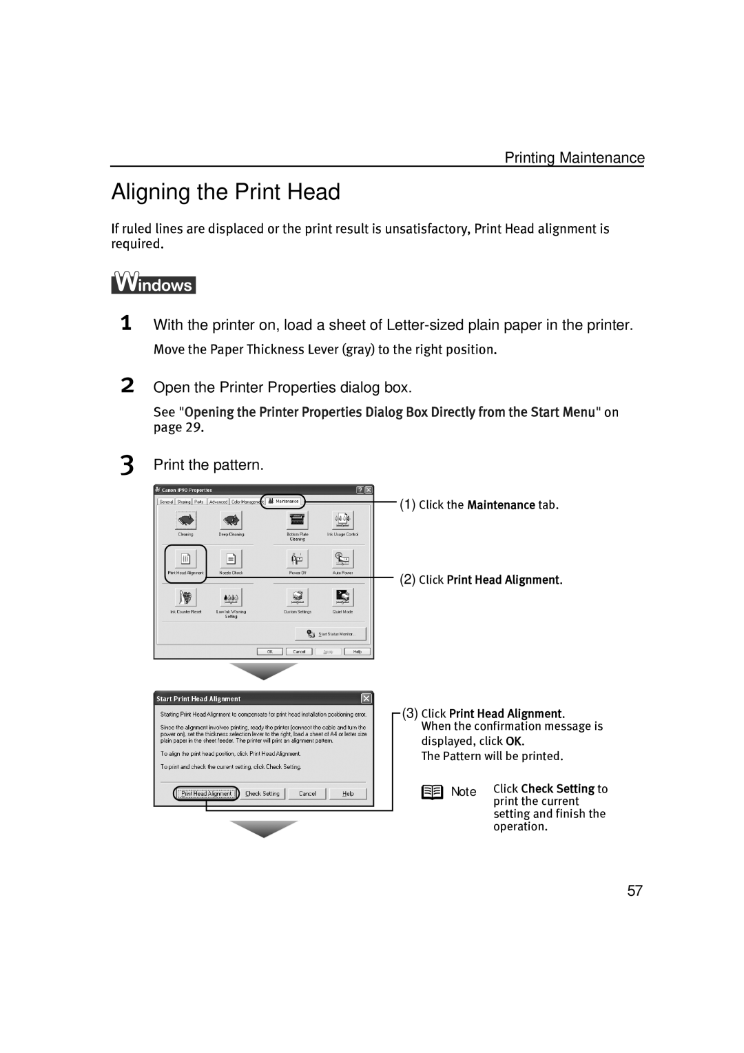 Canon IP90 quick start Aligning the Print Head, Print the pattern 