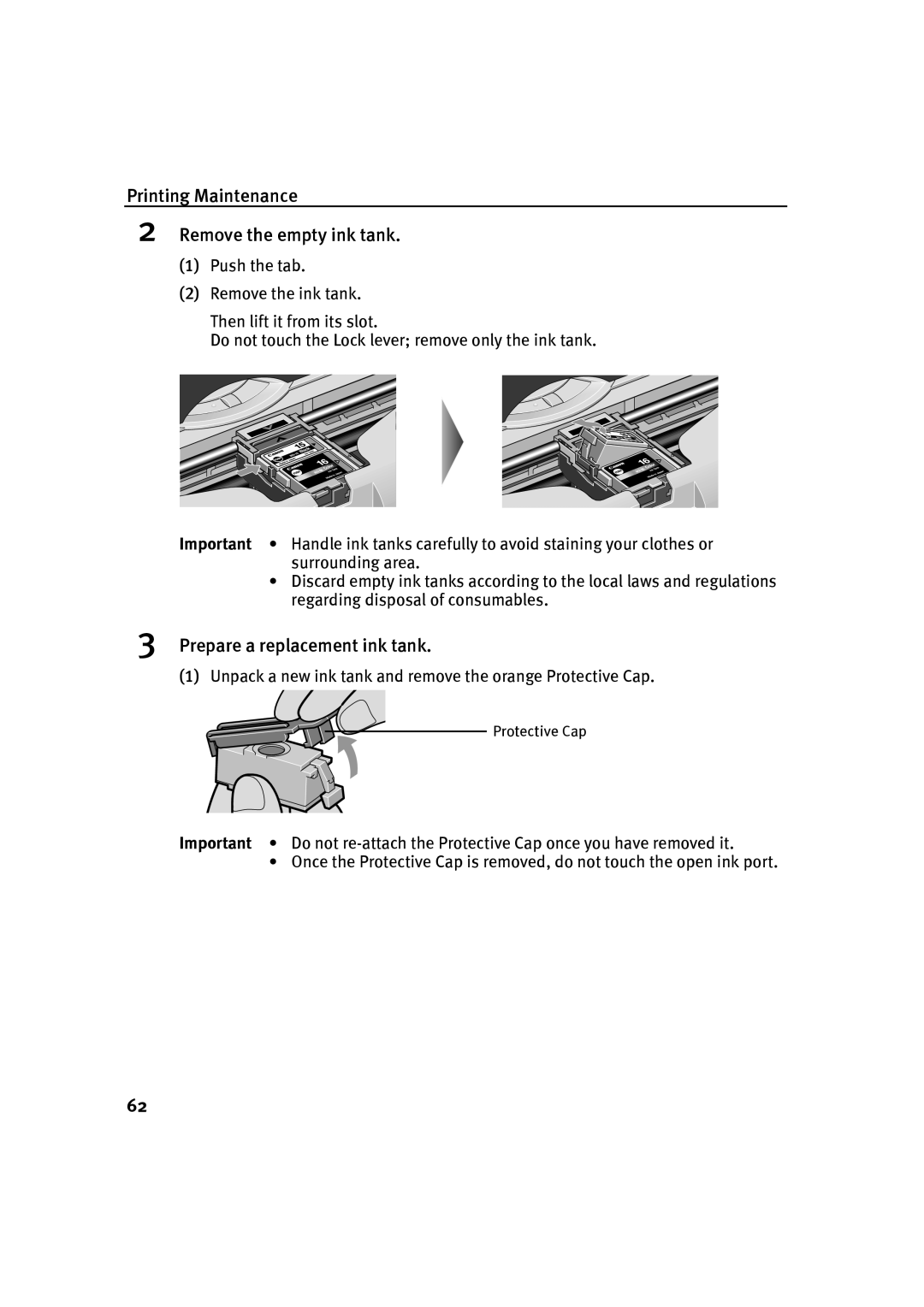 Canon IP90 quick start Printing Maintenance Remove the empty ink tank, Prepare a replacement ink tank 