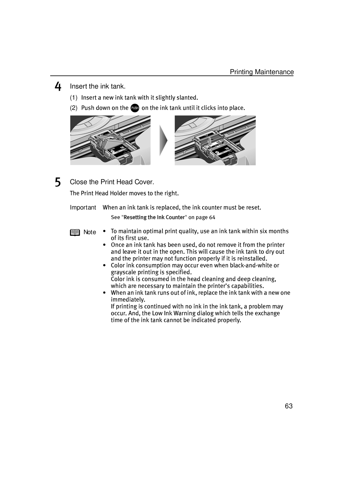 Canon IP90 quick start Printing Maintenance Insert the ink tank, Close the Print Head Cover 