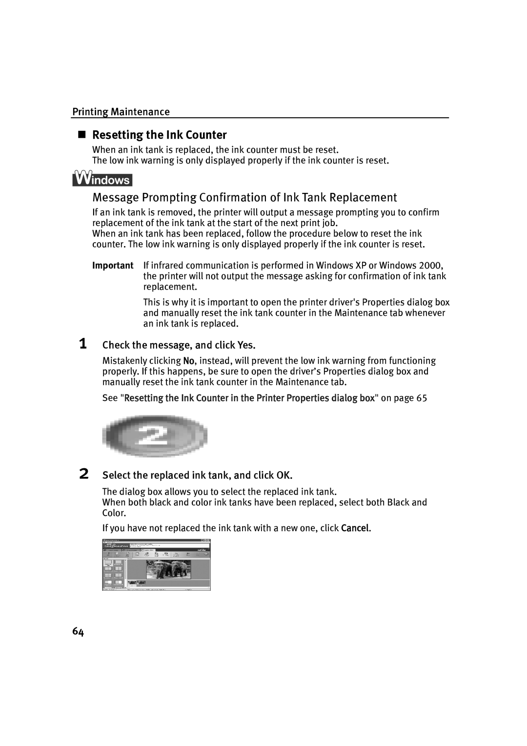 Canon IP90 „ Resetting the Ink Counter, Check the message, and click Yes, Select the replaced ink tank, and click OK 