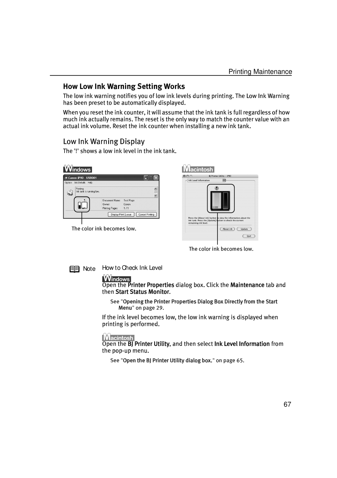 Canon IP90 quick start „ How Low Ink Warning Setting Works, Low Ink Warning Display 