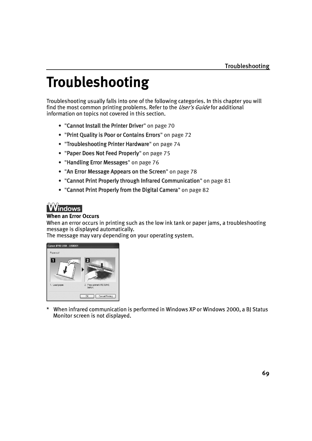 Canon IP90 quick start Troubleshooting, When an Error Occurs 