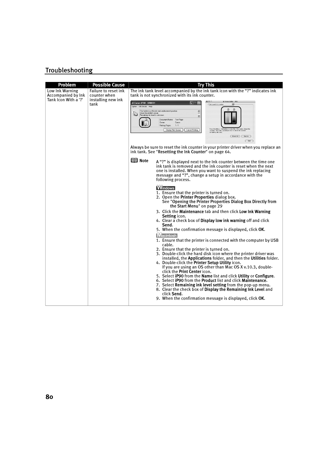 Canon IP90 quick start Message and ?, change a setup in accordance with 