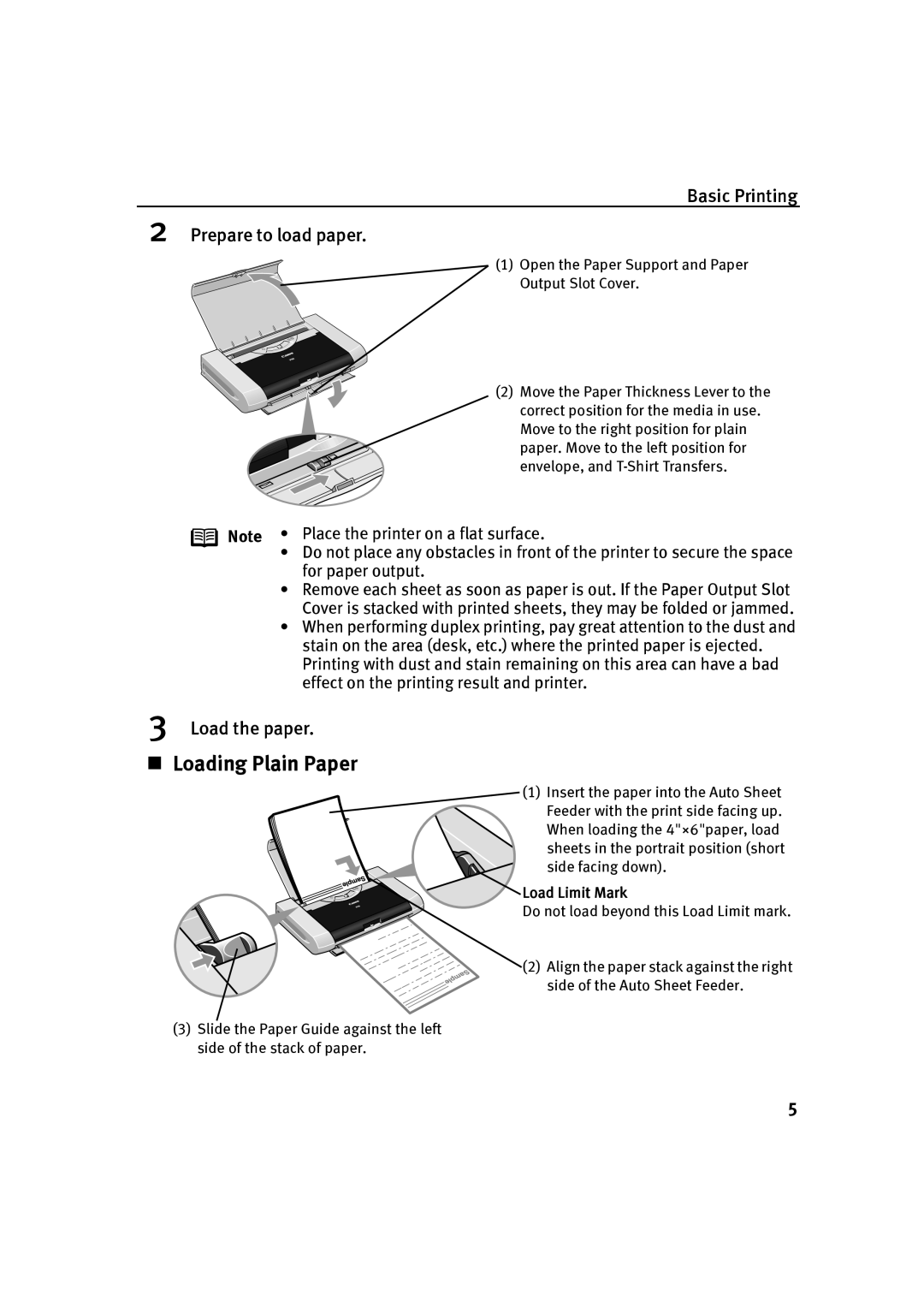 Canon IP90 quick start „ Loading Plain Paper, Basic Printing Prepare to load paper, Load the paper 