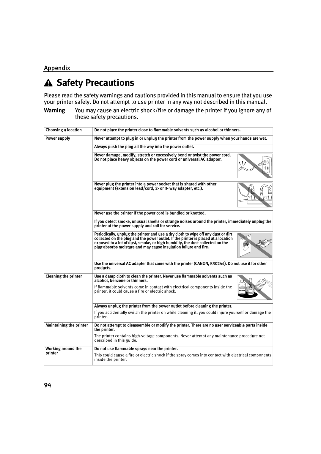 Canon IP90 quick start Safety Precautions, Printer 