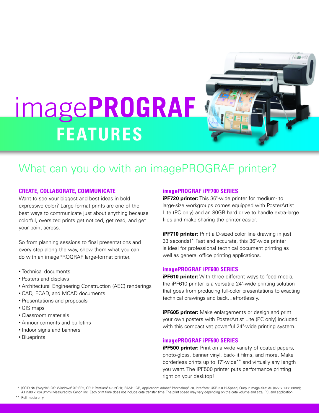 Canon IPF610, IPF605, IPF720 manual What can you do with an imagePROGRAF printer?, Features, Create, Collaborate, Communicate 