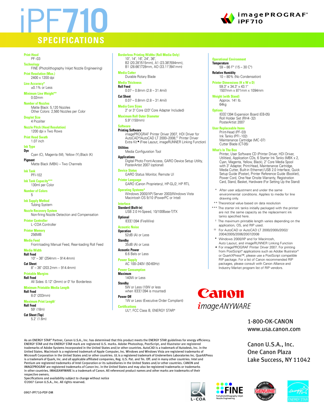 Canon IPF710 manual iPF710, Specifications, Canon U.S.A., Inc One Canon Plaza Lake Success, NY 