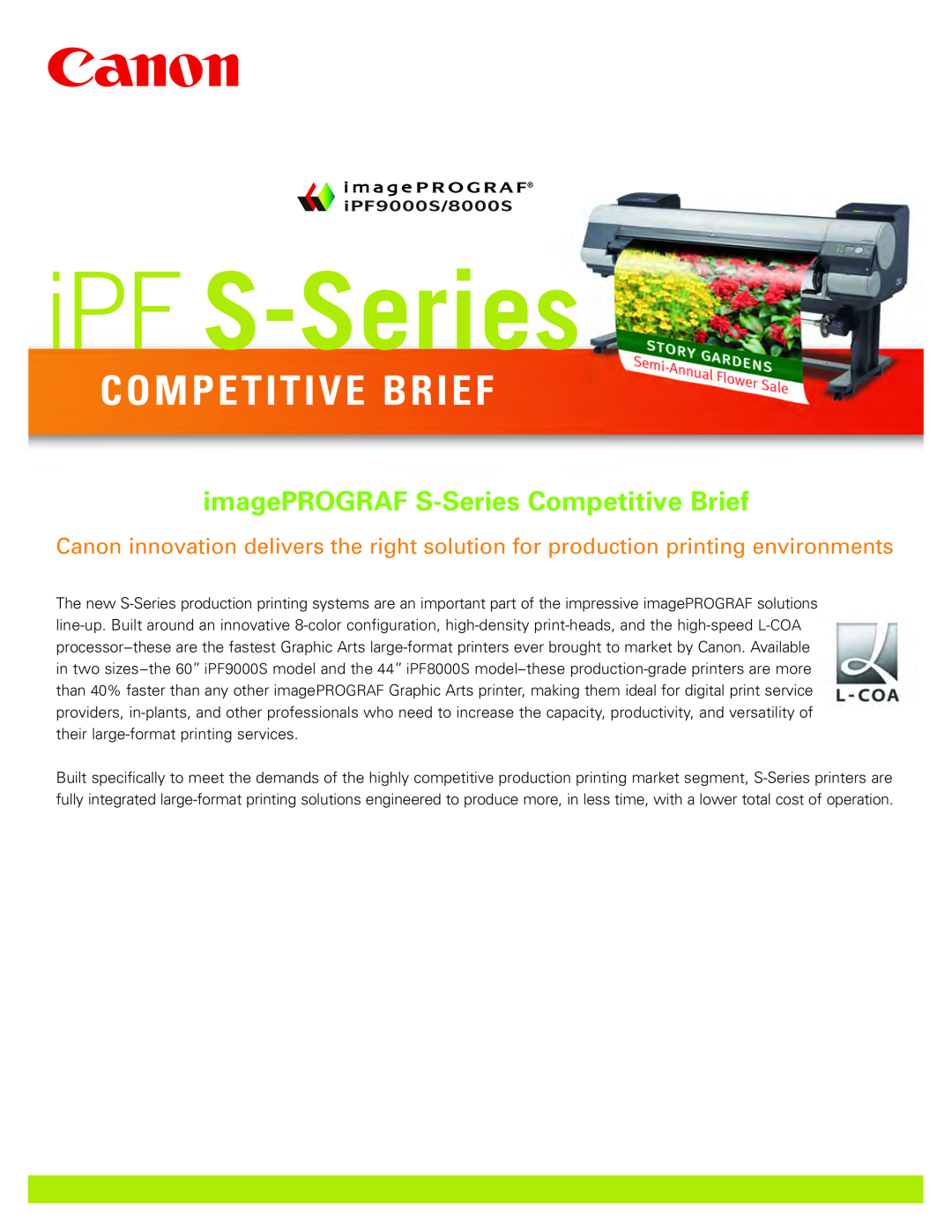 Canon IPF9000S, IPF8000S manual iPF S-Series, imagePROGRAF S-Series Competitive Brief 