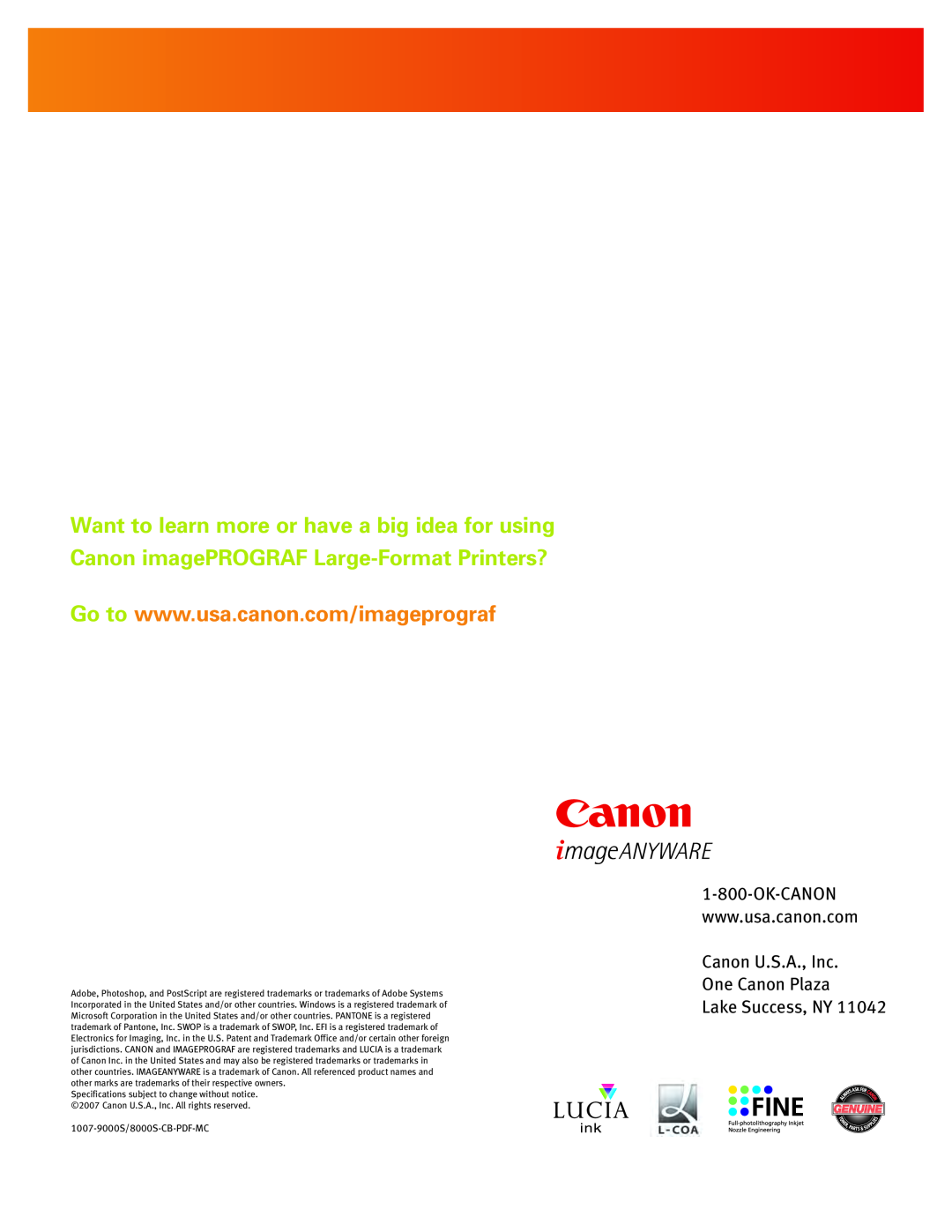 Canon IPF8000S, IPF9000S manual Canon U.S.A., Inc One Canon Plaza Lake Success, NY, 1007-9000S/8000S-CB-PDF-MC 