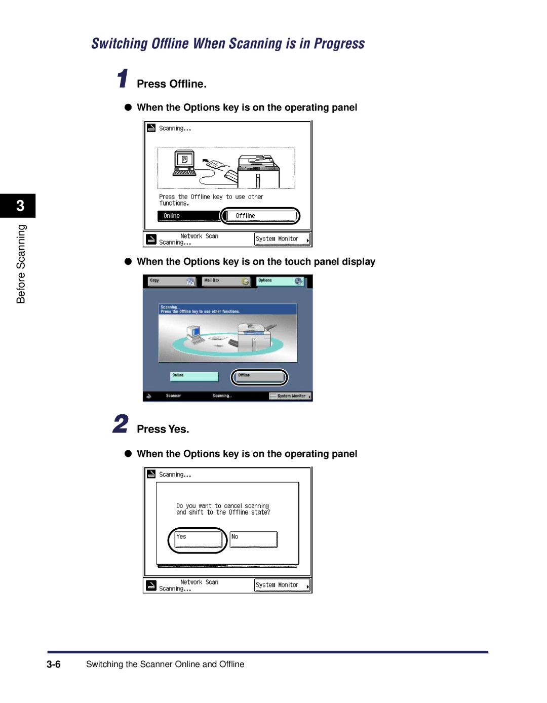 Canon iR Series manual Switching Ofﬂine When Scanning is in Progress, Press Yes 