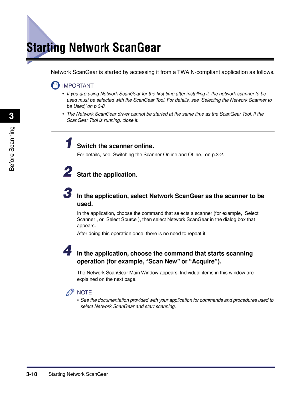 Canon iR Series manual Starting Network ScanGear, Switch the scanner online 