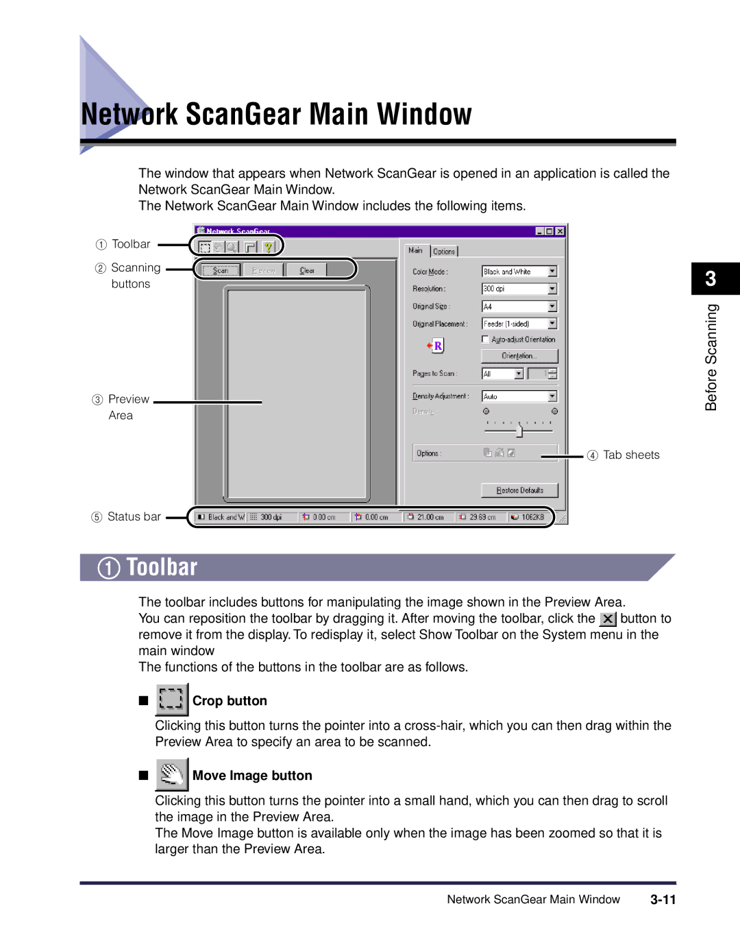 Canon iR Series manual Network ScanGear Main Window, Toolbar, Crop button, Move Image button 