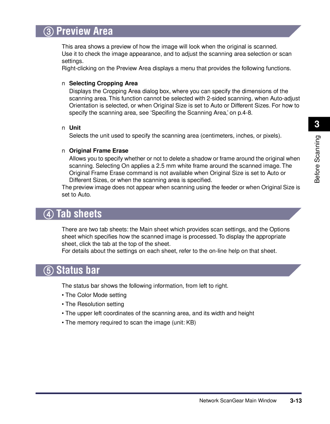 Canon iR Series manual Preview Area, Tab sheets, Status bar 