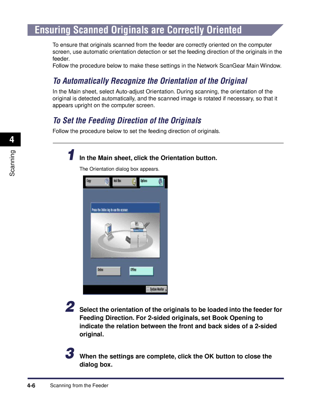 Canon iR Series manual Ensuring Scanned Originals are Correctly Oriented, Main sheet, click the Orientation button 