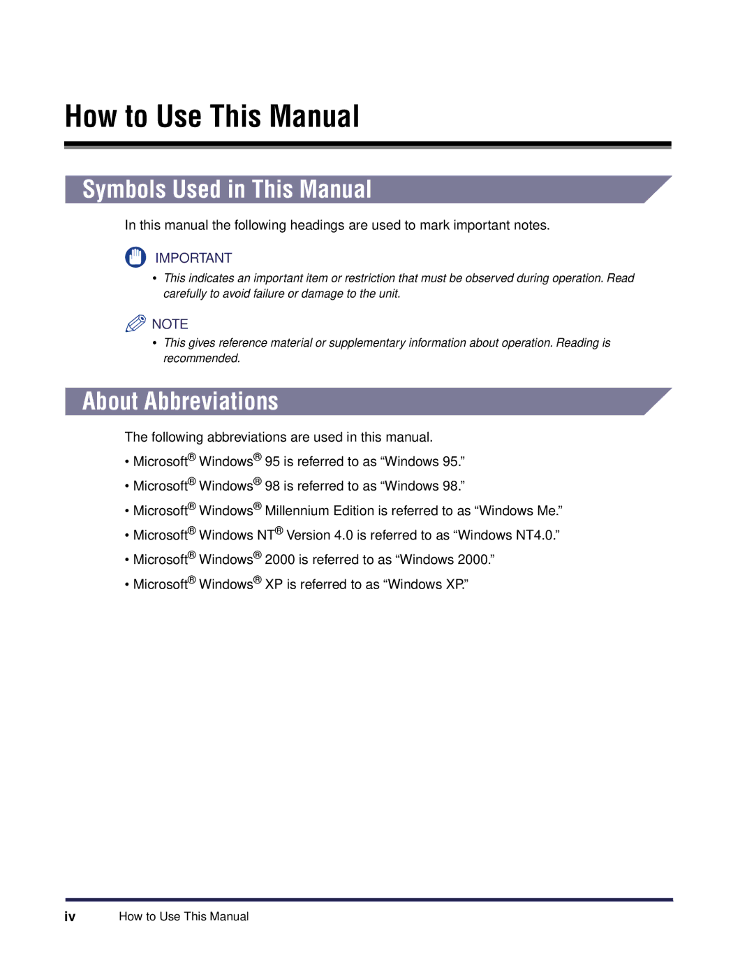 Canon iR Series manual How to Use This Manual, Symbols Used in This Manual, About Abbreviations 