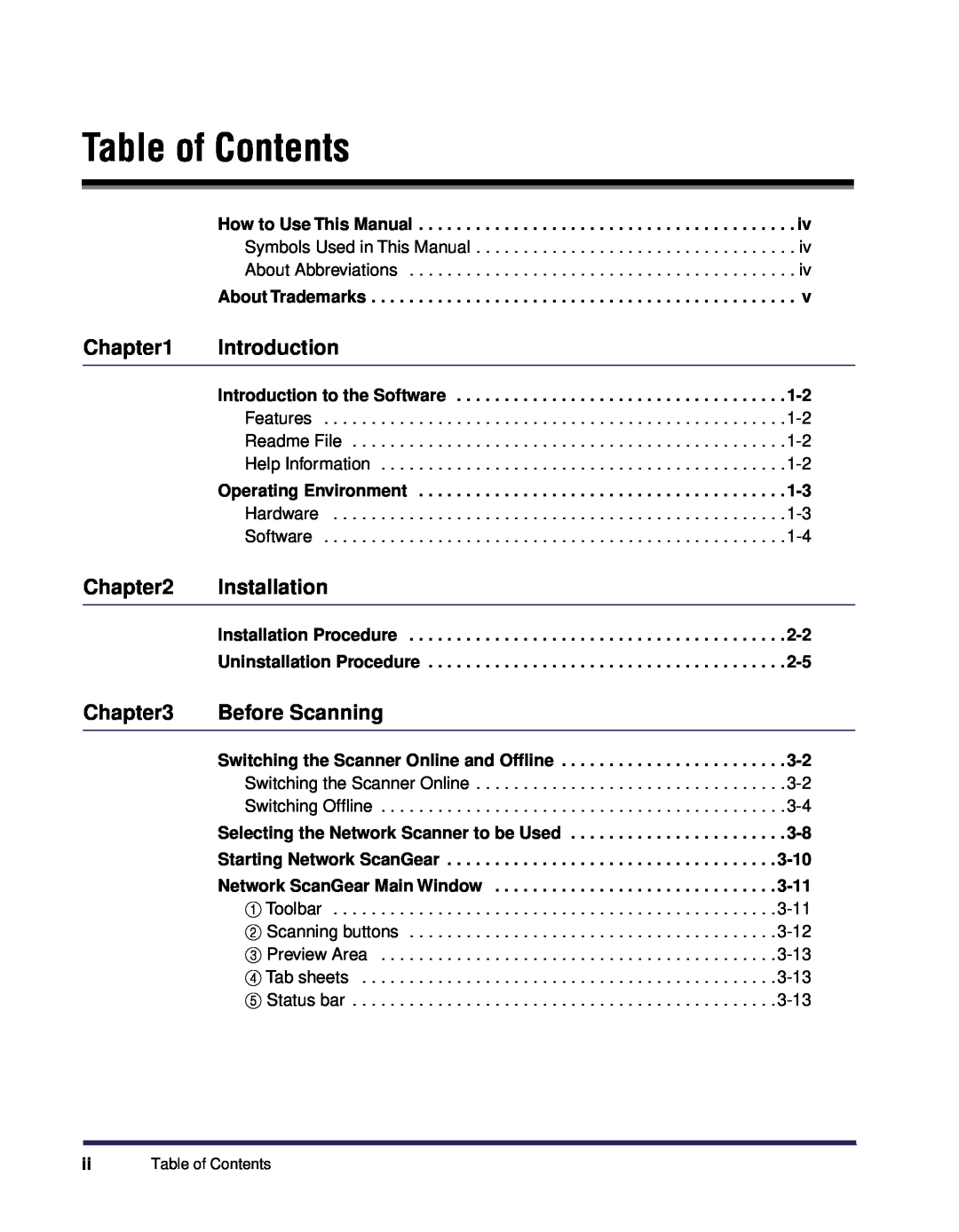 Canon iR Series Table of Contents, Introduction, Installation, Before Scanning, How to Use This Manual, About Trademarks 