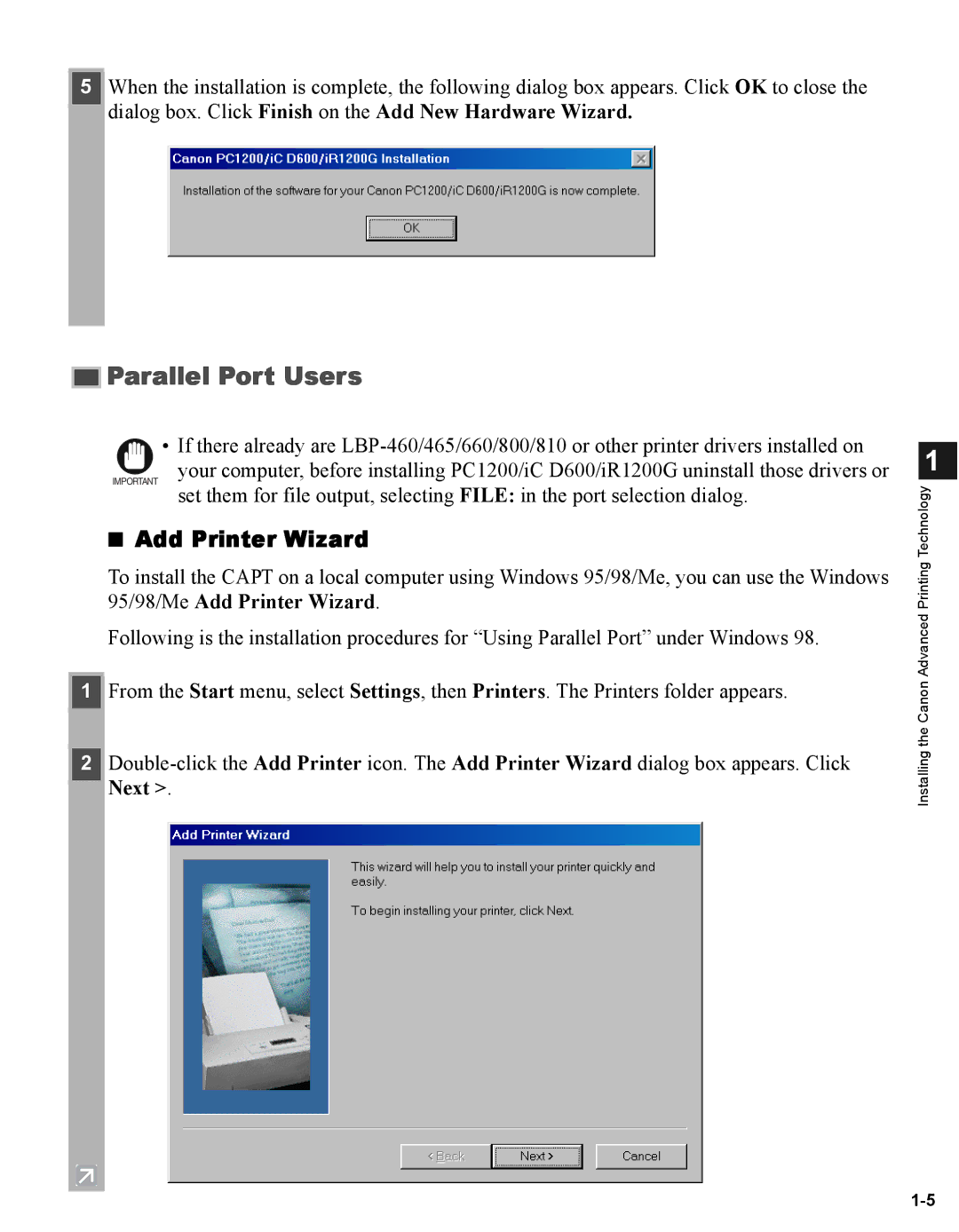 Canon iR1210G, iR1230G manual Parallel Port Users, Add Printer Wizard 