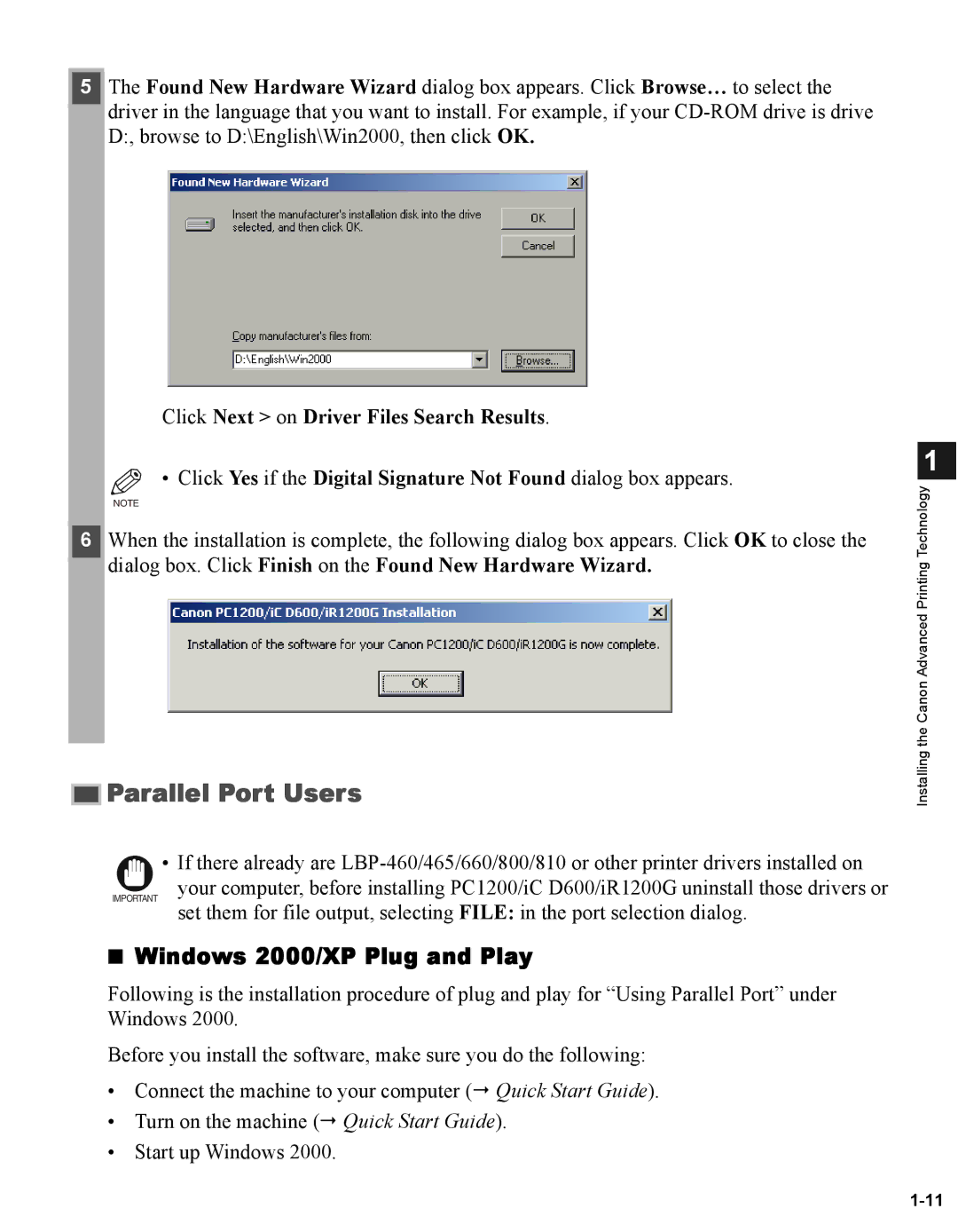 Canon iR1210G manual Click Next on Driver Files Search Results, Dialog box. Click Finish on the Found New Hardware Wizard 