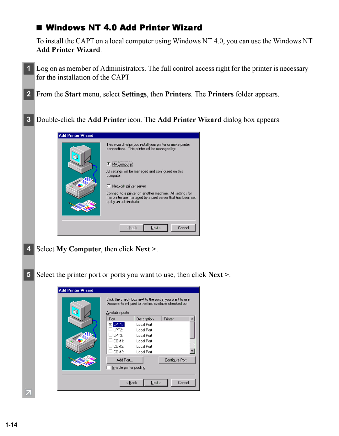 Canon iR1230G, iR1210G manual Windows NT 4.0 Add Printer Wizard 