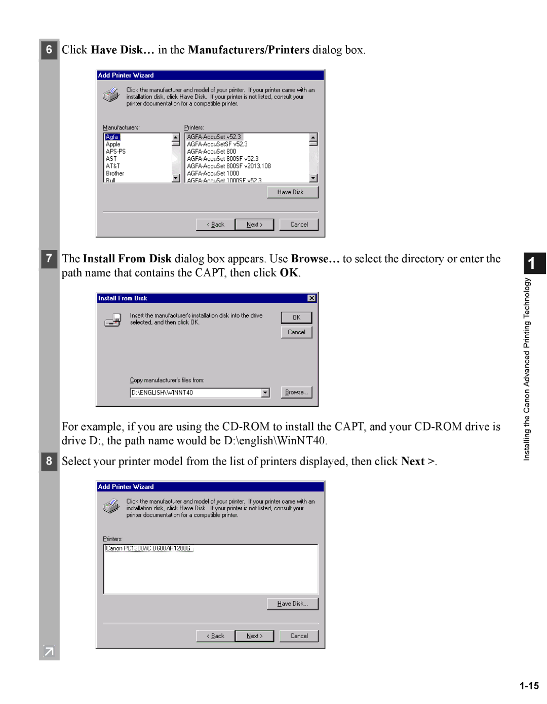 Canon iR1210G, iR1230G manual Click Have Disk… in the Manufacturers/Printers dialog box 