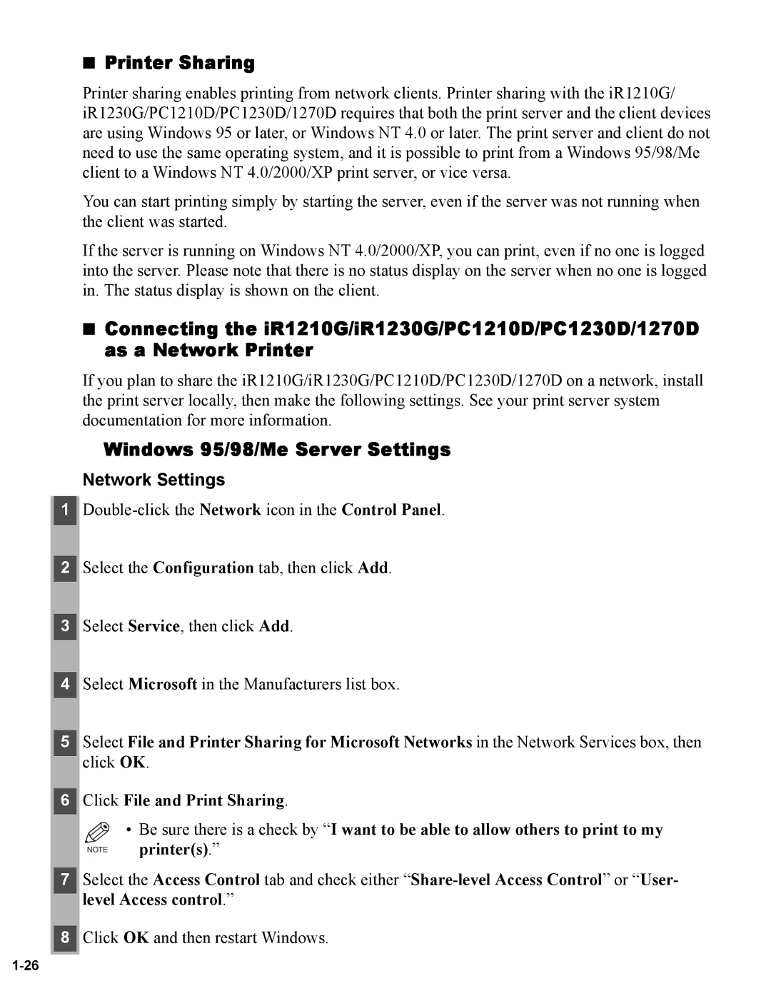 Canon iR1230G, iR1210G manual Printer Sharing, Windows 95/98/Me Server Settings, Network Settings, Level Access control 