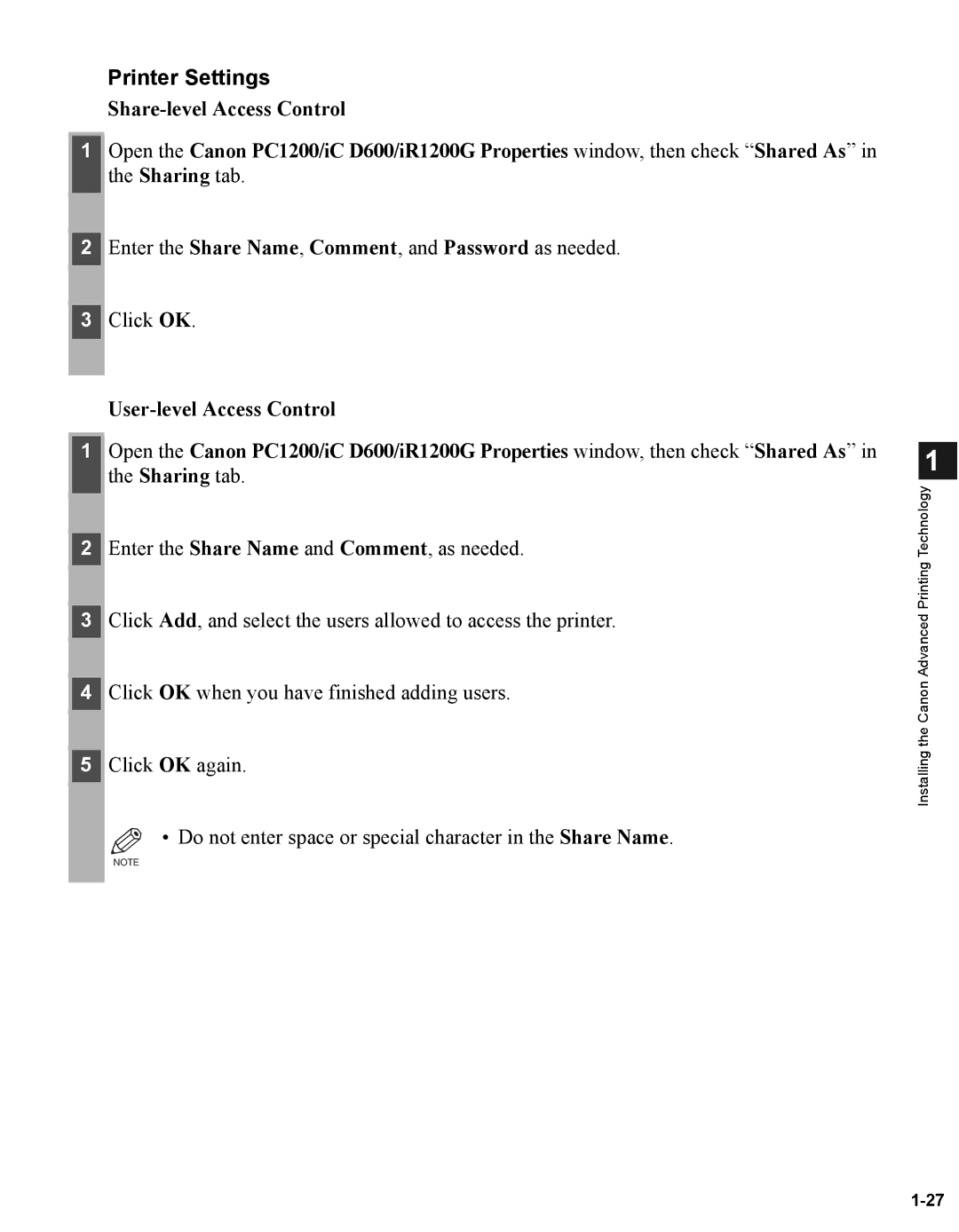 Canon iR1210G, iR1230G manual Printer Settings 