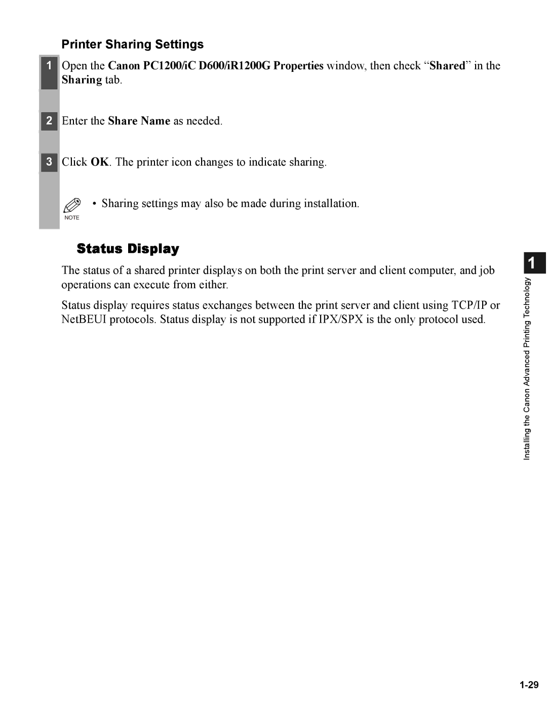 Canon iR1210G, iR1230G manual Status Display, Printer Sharing Settings, Sharing tab 